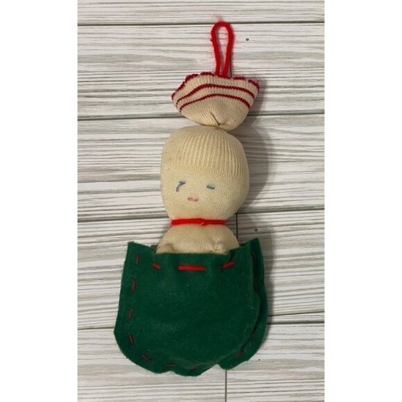 Vintage Knit Christmas Sock Ornament Felt Stuffed with Batting 1950's - Picture 1 of 5